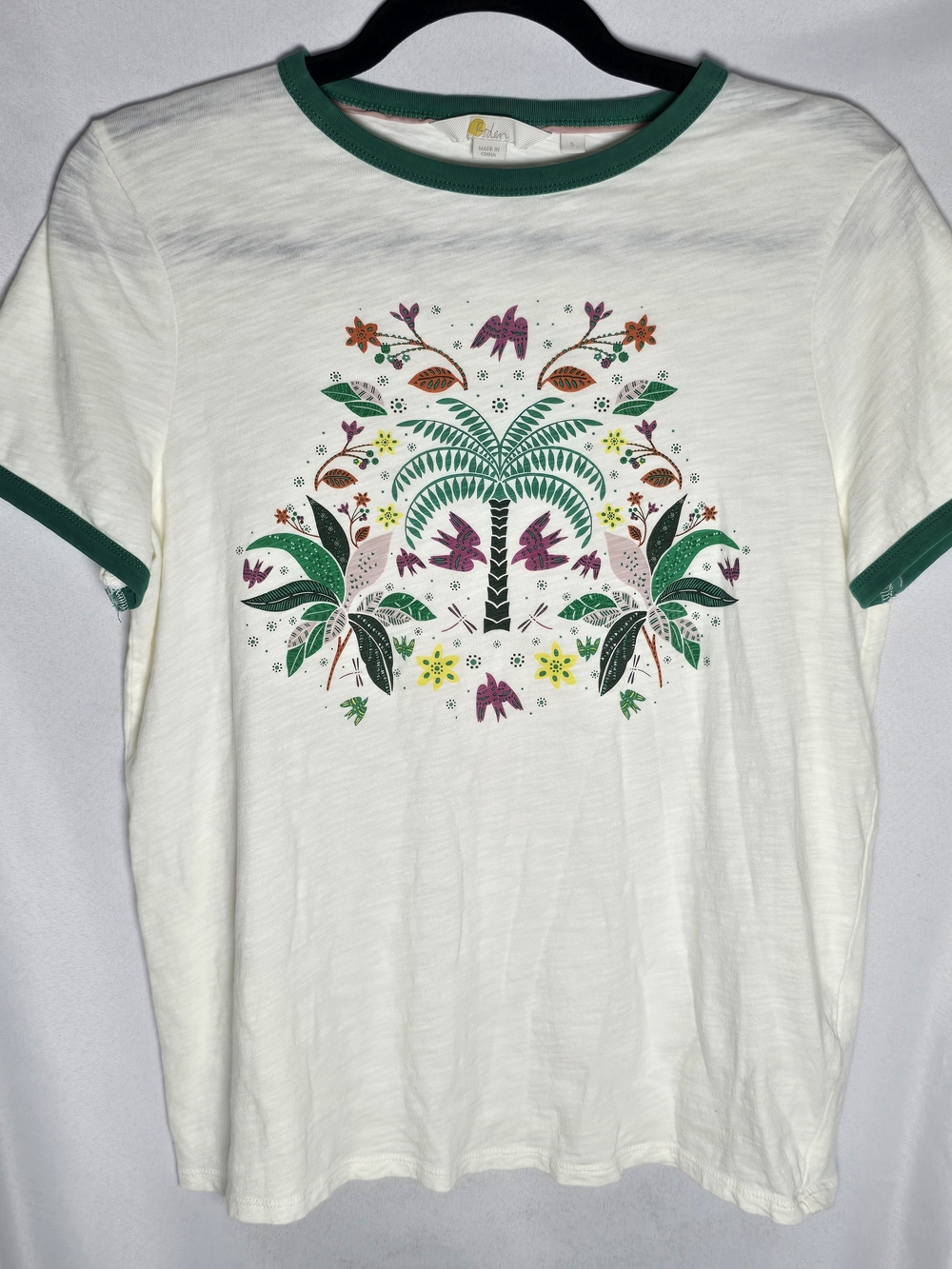Boden White Short-Sleeve Palm Tree Bird Graphic RingervTee with Green Trim, Sz S